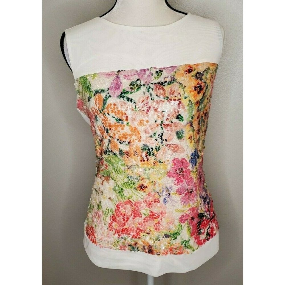 Simon Chang Size Small Top White Sequin Floral